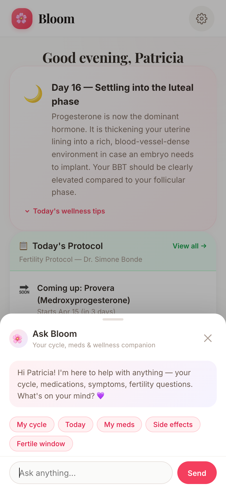 Bloom AI companion answering a question about medications and cycle
