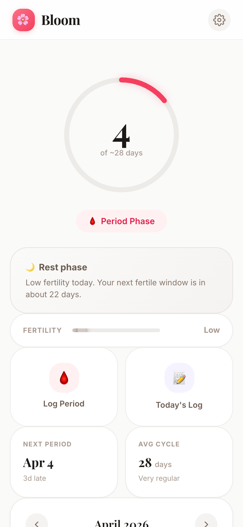 Bloom dashboard showing cycle day, fertility meter, and predictions
