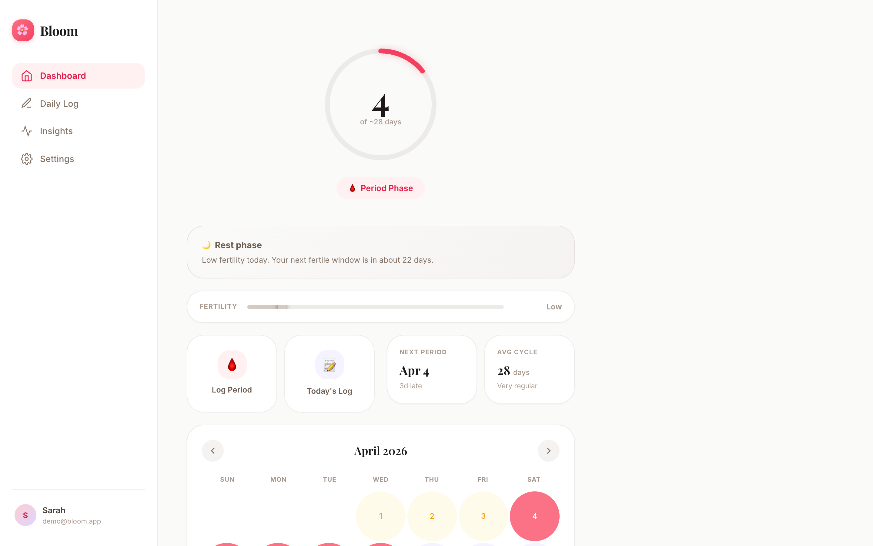 Bloom desktop dashboard with sidebar navigation