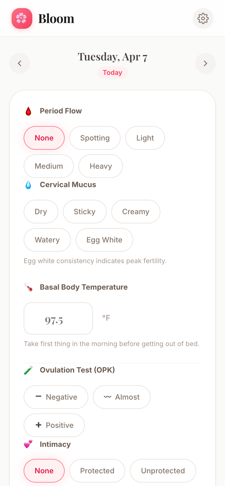 Bloom daily log with mood, symptoms, and BBT tracking